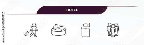 fully editable outline icon collection from hotel concept. thin line icons set such as guest, dim sum, single bed, people,