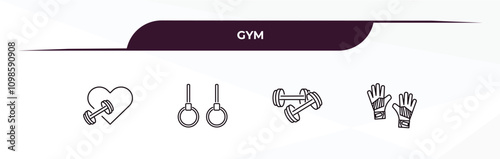 fully editable outline icon collection from gym concept. thin line icons set such as fitness heart, gymnastic rings, lifting dumbbells, sport gloves,