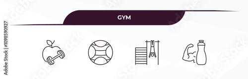fully editable outline icon collection from gym concept. thin line icons set such as fitness nutrition, power ball, exercise hang bar, protein shake,