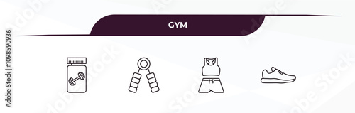 fully editable outline icon collection from gym concept. thin line icons set such as protein, grip, female sportwear, trainers,