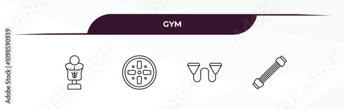 fully editable outline icon collection from gym concept. thin line icons set such as boxing mannequin, iron shoot, exercise bands, chest expanders,