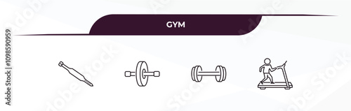 fully editable outline icon collection from gym concept. thin line icons set such as fitness belt, fitness wheel, exercising dumbbell, running treadmill,