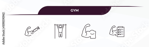 fully editable outline icon collection from gym concept. thin line icons set such as steroids, bar exercising, muscles, to do list,