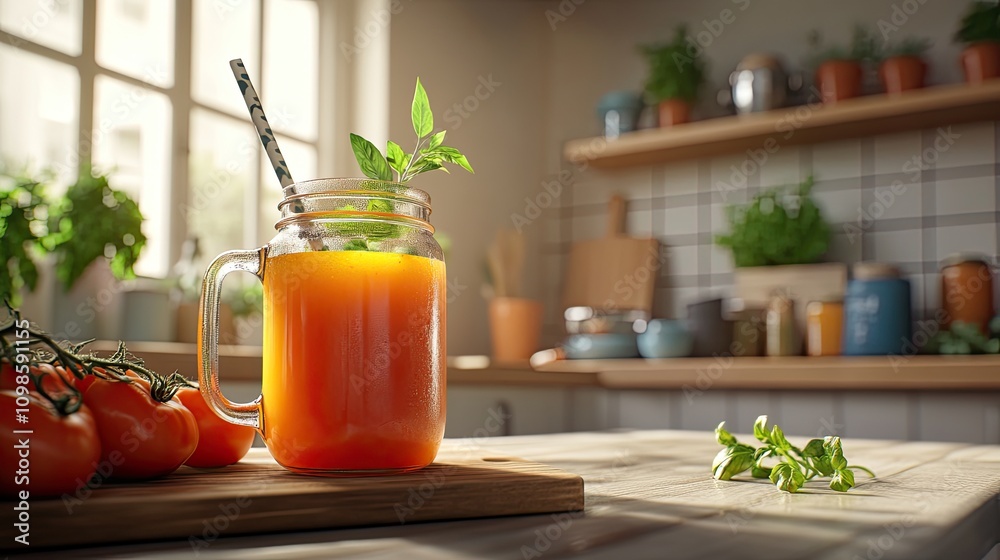 Fototapeta premium Fresh tomato juice in a mason jar with a straw. Background features a cutting board with herbs and a modern kitchen setup.