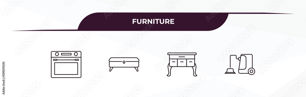 Fototapeta premium fully editable outline icon collection from furniture concept. thin line icons set such as oven, ottoman, lowboy, carpet sweeper,