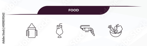 fully editable outline icon collection from food concept. thin line icons set such as sippy cup, tropical drink, shrimps, healthy nutrition,