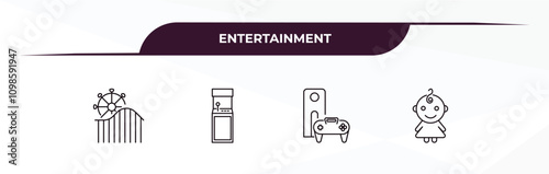 fully editable outline icon collection from entertainment concept. thin line icons set such as amusement park, arcade game, video console, childhood,