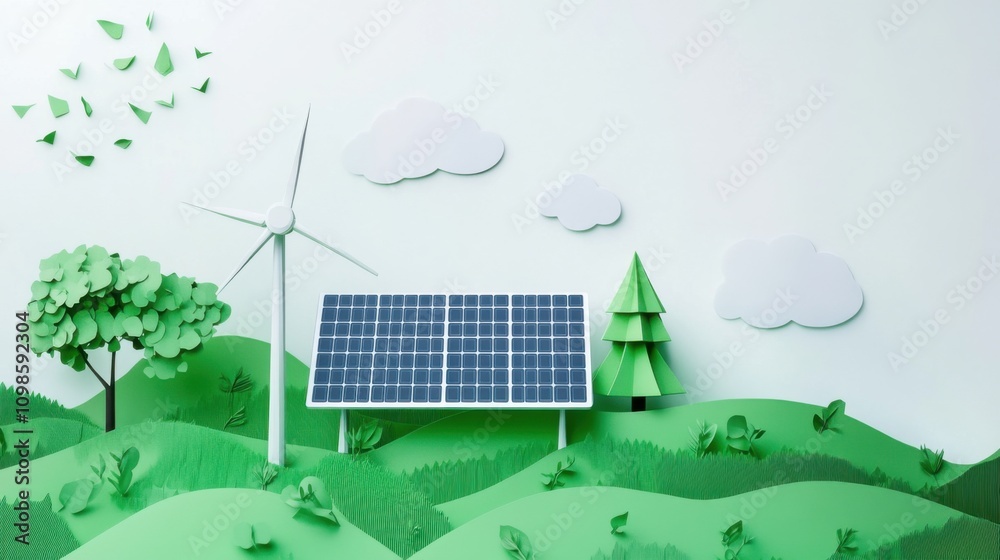 Naklejka premium A pure white background with a green solar panel generating clean energy, symbolizing renewable energy solutions, Simplified flat paper art illustration of