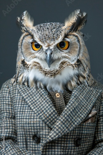 A close-up view of an owl dressed in a suit, perfect for illustrations or editorial uses photo