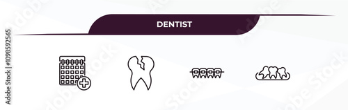 fully editable outline icon collection from dentist concept. thin line icons set such as medical appointment, damaged tooth, lingual braces, malocclusion,