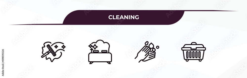 Naklejka premium fully editable outline icon collection from cleaning concept. thin line icons set such as window cleaner, clean room, hand wash, dumpster,