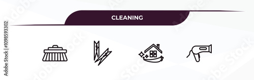 fully editable outline icon collection from cleaning concept. thin line icons set such as scrub brush, clothes peg, cleaning house, hairdryer cleanin,