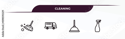 fully editable outline icon collection from cleaning concept. thin line icons set such as broom cleanin, garbage truck cleanin, plunger, cleaning spray,