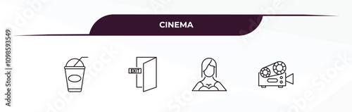 fully editable outline icon collection from cinema concept. thin line icons set such as take away drink, cinema exit, actress, old projector,