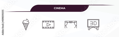 fully editable outline icon collection from cinema concept. thin line icons set such as stripped ice cream cone, film, cinema curtains, 3 dimension screen,