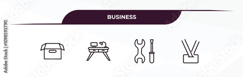 fully editable outline icon collection from business concept. thin line icons set such as empty box, work table, tool button, lanyard,