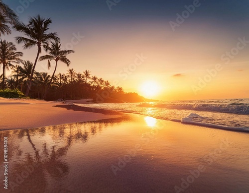 Relaxing Afternoon at a Tropical Beach With Palm Trees and Sunset Over Calm Ocean Waves