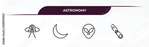 fully editable outline icon collection from astronomy concept. thin line icons set such as alien with aqualung, crescent moon, extraterrestrial, comet,