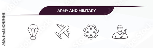 fully editable outline icon collection from army and military concept. thin line icons set such as parachute, airplane, chamber, guerrilla,
