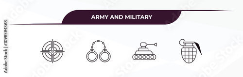 fully editable outline icon collection from army and military concept. thin line icons set such as target, pair of handcuffs, tank, granade,