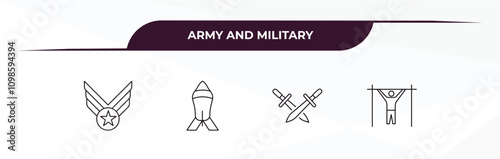 fully editable outline icon collection from army and military concept. thin line icons set such as air force, depth charge, combat, pull up,