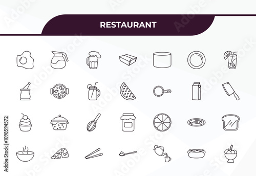 fully editable outline icon collection from restaurant concept. thin line icons set such as restaurant fried egg, coffe pot, paella with parwns, hot dog with ketchup, ice cream balls cup,