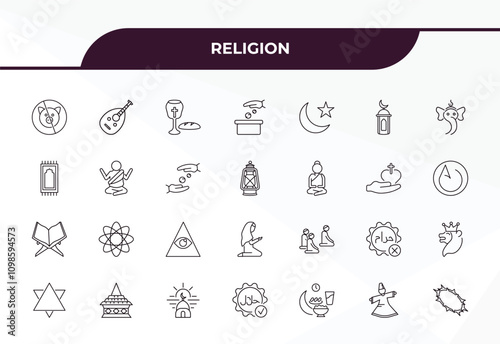 fully editable outline icon collection from religion concept. thin line icons set such as forbidden foods, oud, buddhist monk, sufi mystic, crown of thorns,