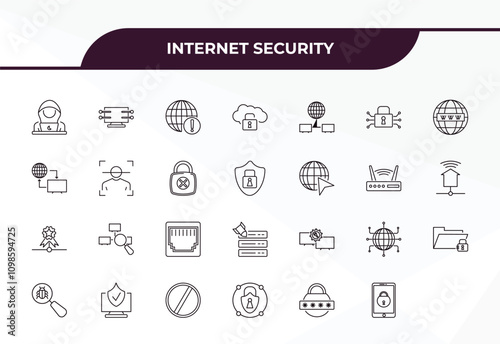 fully editable outline icon collection from internet security concept. thin line icons set such as hacker, data streaming, facial recognition, password, mobile phone security,