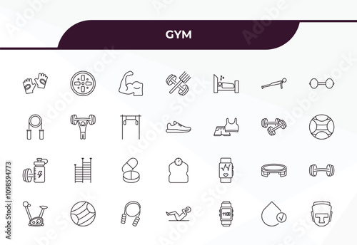 fully editable outline icon collection from gym concept. thin line icons set such as fitness gloves, iron shoot, press, hydratation, headgear,
