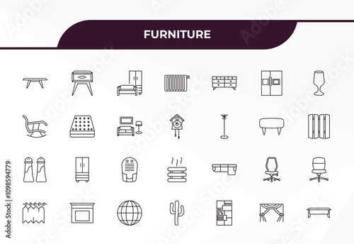fully editable outline icon collection from furniture concept. thin line icons set such as table, night stand, mattress, curtain, desk,