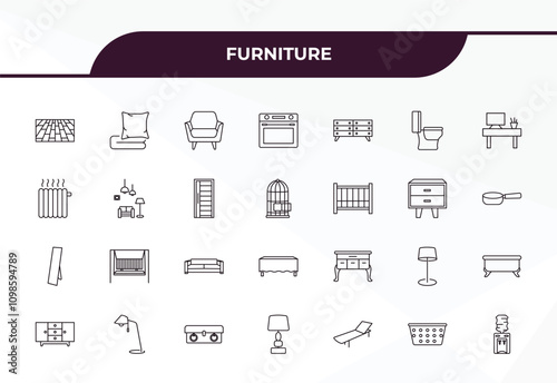 fully editable outline icon collection from furniture concept. thin line icons set such as floor, linens, livingroom, laundry hamper, water dispenser,