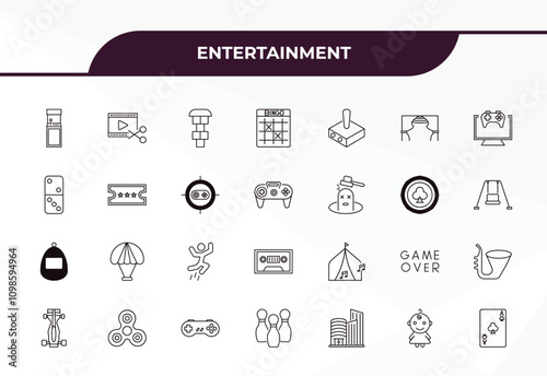 fully editable outline icon collection from entertainment concept. thin line icons set such as arcade game, video editing, gold ticket, childhood, ace of clubs,
