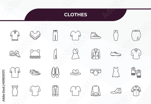 fully editable outline icon collection from clothes concept. thin line icons set such as cotton polo shirt, shawl, knit hat with pom pom, leather chelsea boots, denim shirt,