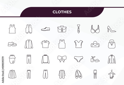 fully editable outline icon collection from clothes concept. thin line icons set such as sleeveless shirt, waistcoat, nylon jacket, leggins, scarf on hanger,