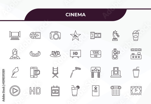 fully editable outline icon collection from cinema concept. thin line icons set such as movie theater, film reel playing, small carnival mask, theatre pillar, cinema screen,
