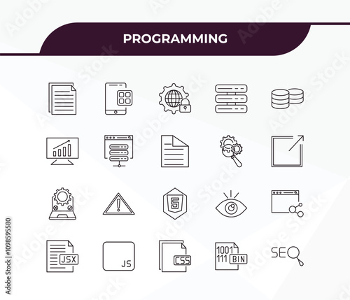 fully editable outline icon collection from programming concept. thin line icons set such as article, mobile app, testing, binary file, seo,
