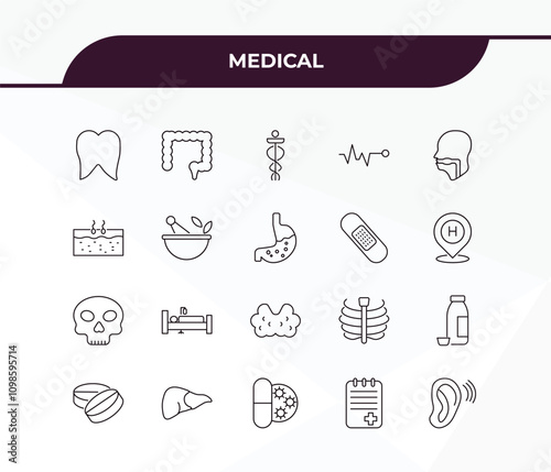 fully editable outline icon collection from medical concept. thin line icons set such as tooth, colon, dead, notepad, ear,