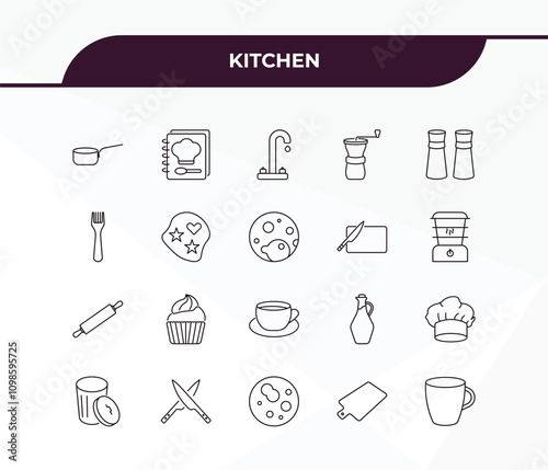 fully editable outline icon collection from kitchen concept. thin line icons set such as saucepan, recipe, rolling pin, chopping board, mug,