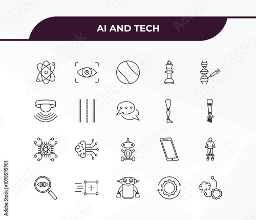 fully editable outline icon collection from ai and tech concept. thin line icons set such as science, eye tracking, quantum computing, processing, unsupervised learning,