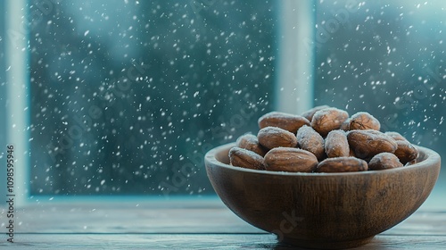 Cocoa beans displayed in a rustic bowl on a table with snowflakes gently falling outside a window photo