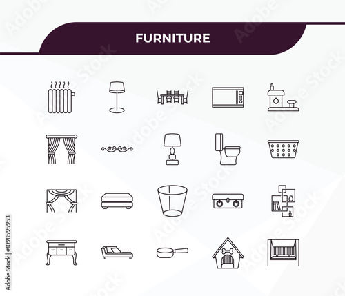 fully editable outline icon collection from furniture concept. thin line icons set such as heating unit, lamps, curtain, pet house, porch swing,