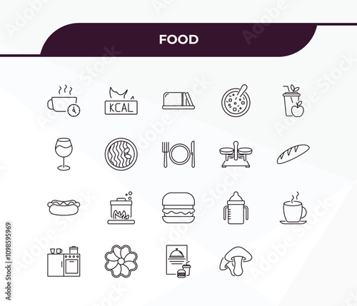 fully editable outline icon collection from food concept. thin line icons set such as tea time, calories, hotdog, restaurant menu, mushrooms,