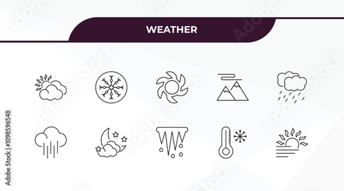 fully editable outline icon collection from weather concept. thin line icons set such as clouds and sun, icy, downpour, freezing, foggy day,