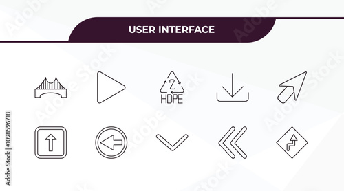 fully editable outline icon collection from user interface concept. thin line icons set such as bridge, right arrow play button, key up, two left arrows, curvy road ahead,