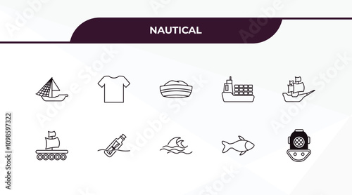 fully editable outline icon collection from nautical concept. thin line icons set such as big shell, vest, water resist watch, double bait, diving helmet,