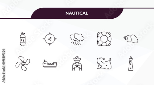 fully editable outline icon collection from nautical concept. thin line icons set such as old galleon, wind rose, porthole, tanker ship, star inside circle,