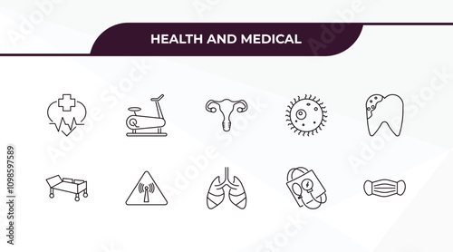 fully editable outline icon collection from health and medical concept. thin line icons set such as health care, stationary bike, hospital bed, sphygmomanometer, medical mask,
