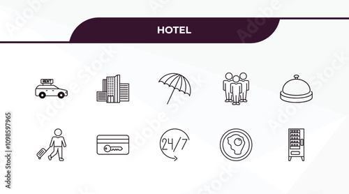 fully editable outline icon collection from hotel concept. thin line icons set such as rent a car, hotel, guest, fried egg, vending hine,