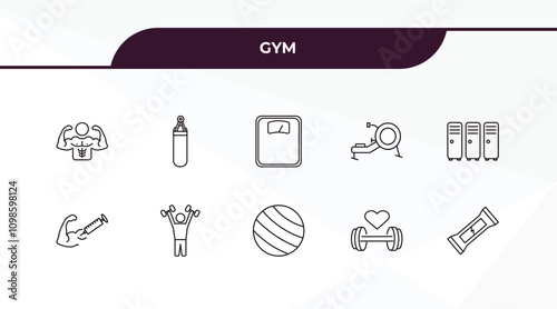 fully editable outline icon collection from gym concept. thin line icons set such as bodybuilder, boxing bag, steroids, fitness, energy snack,