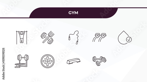 fully editable outline icon collection from gym concept. thin line icons set such as bar exercising, , hydratation, fitness step, lifting dumbbells,